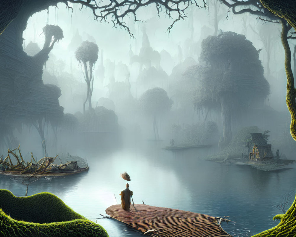 Mystical foggy forest with ancient trees, serene lake, raft, and quaint houses on islands