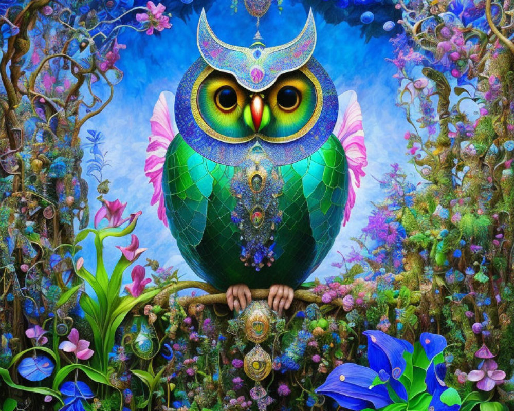 Colorful Owl Artwork in Fantastical Landscape