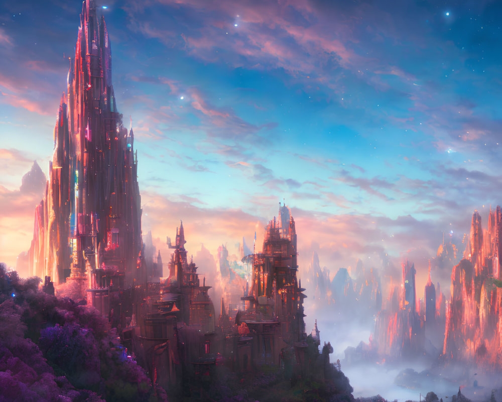 Fantastical landscape with crystal castle, purple fields, cliffs, and sunset sky