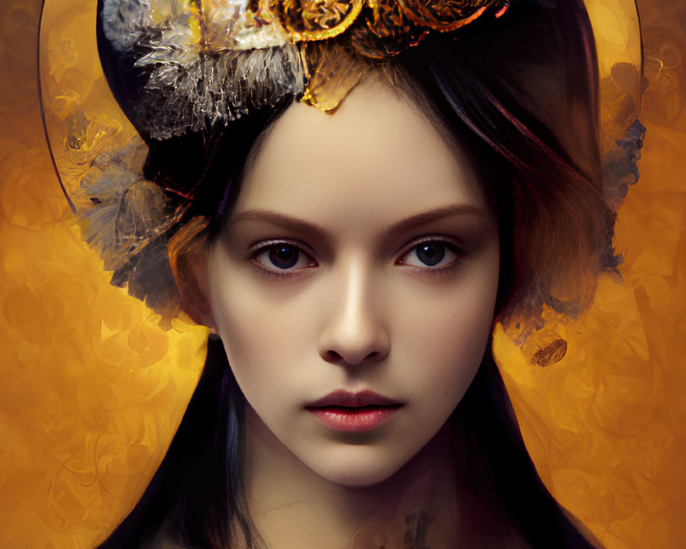 Digital portrait of woman with dark hair in gold headpiece and neckpiece with floral designs on warm-ton