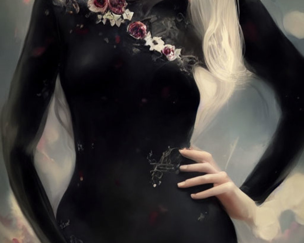 Ethereal pale woman in black floral dress with crown amidst floating petals