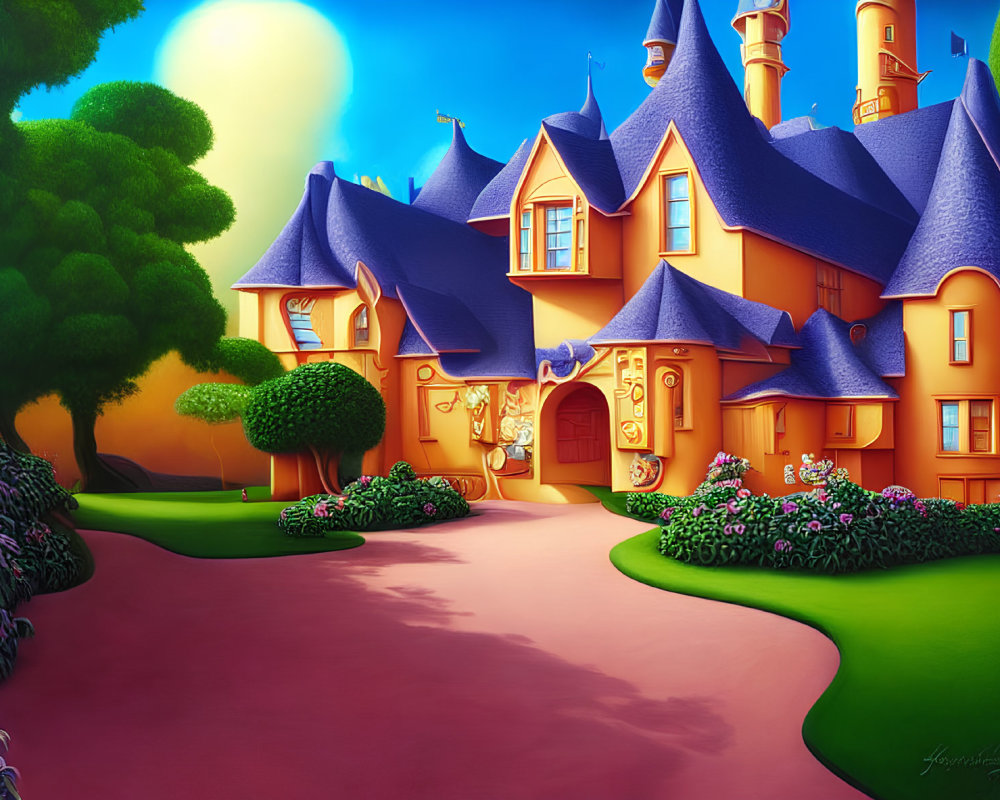 Colorful fantasy castle illustration with gardens and sun