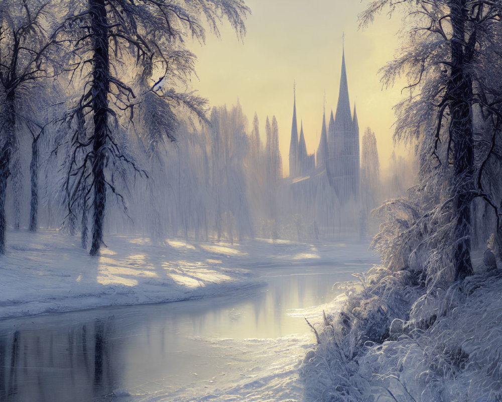 Frost-covered trees by serpentine river with gothic cathedral in soft morning light