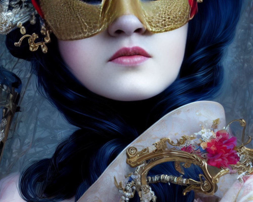 Pale-skinned person with blue hair wearing a golden masquerade mask holding an ornate object on