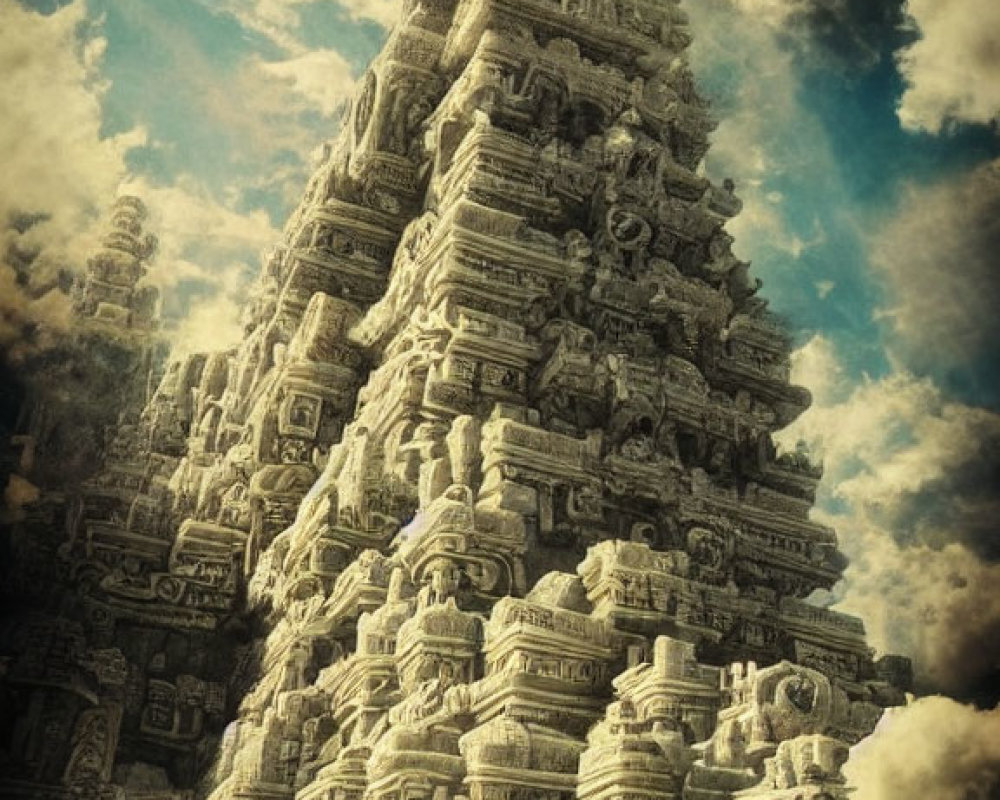 Intricate Stone Temple with Elaborate Carvings Reaching Cloudy Sky