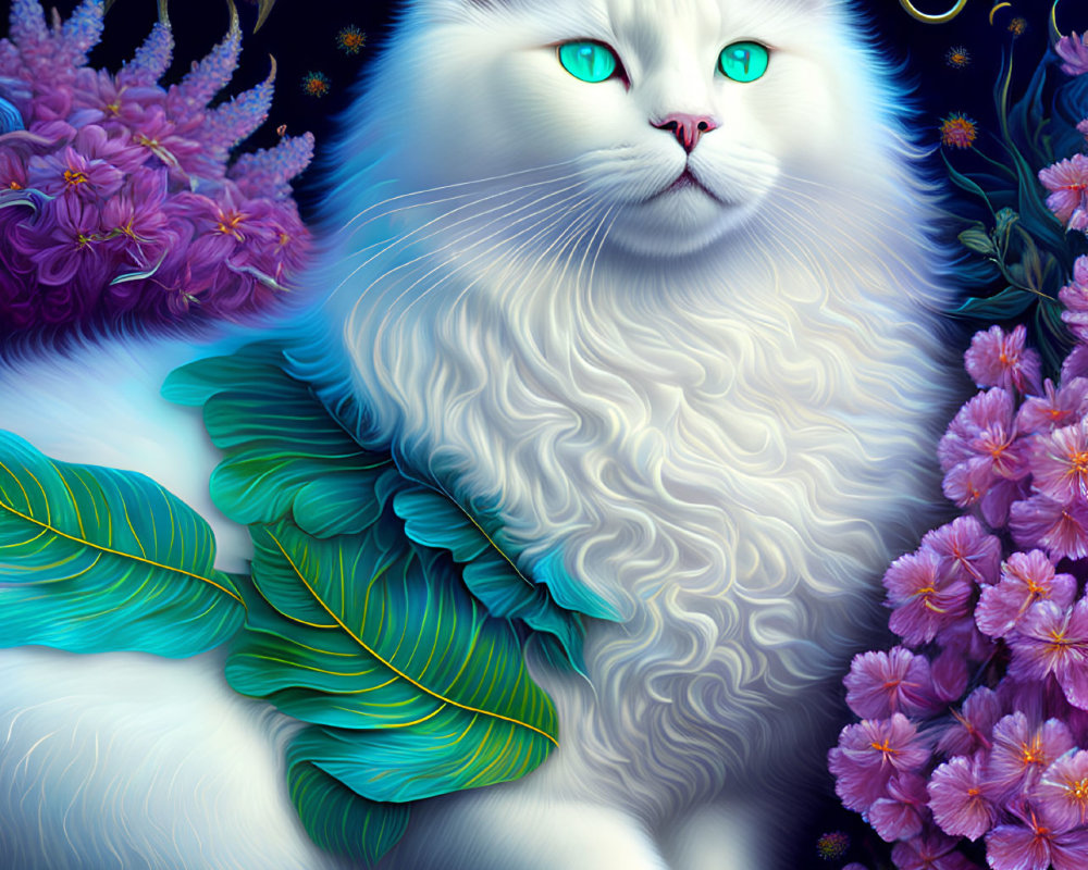 Ethereal White Cat Artwork with Teal Eyes and Fantasy Elements