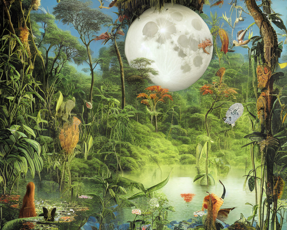 Vibrant fantastical jungle with exotic plants and creatures