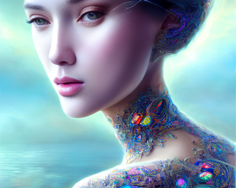 Digital artwork features woman with iridescent jewelry on soft blue background