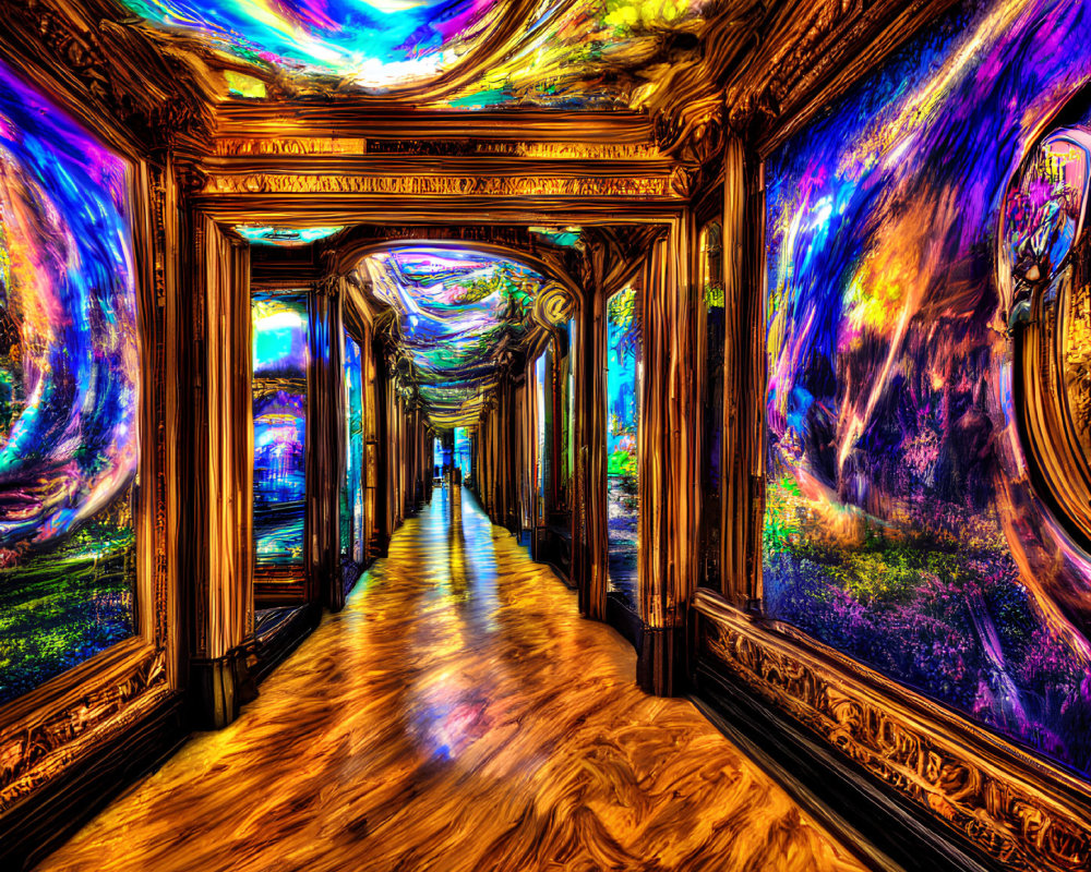 Digitally-altered classical corridor with baroque frames and cosmic art for surreal effect