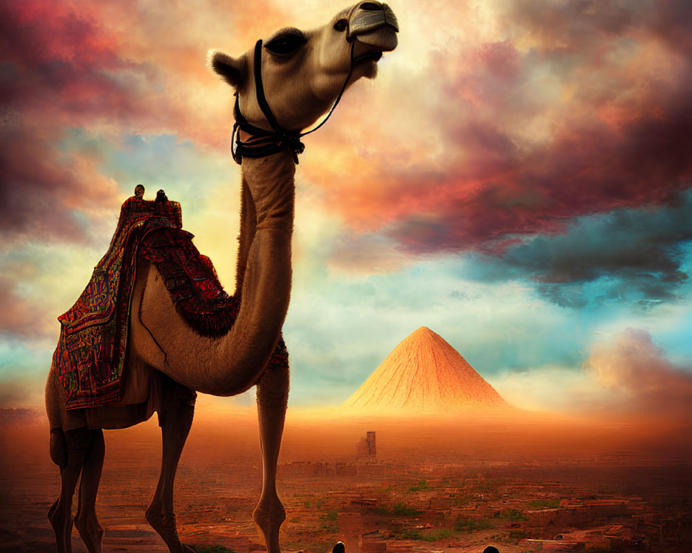 Camel and People with Pyramid in Desert Sunset Landscape