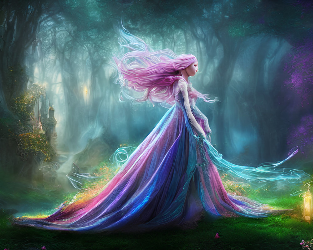 Ethereal woman with pink hair in mystical forest