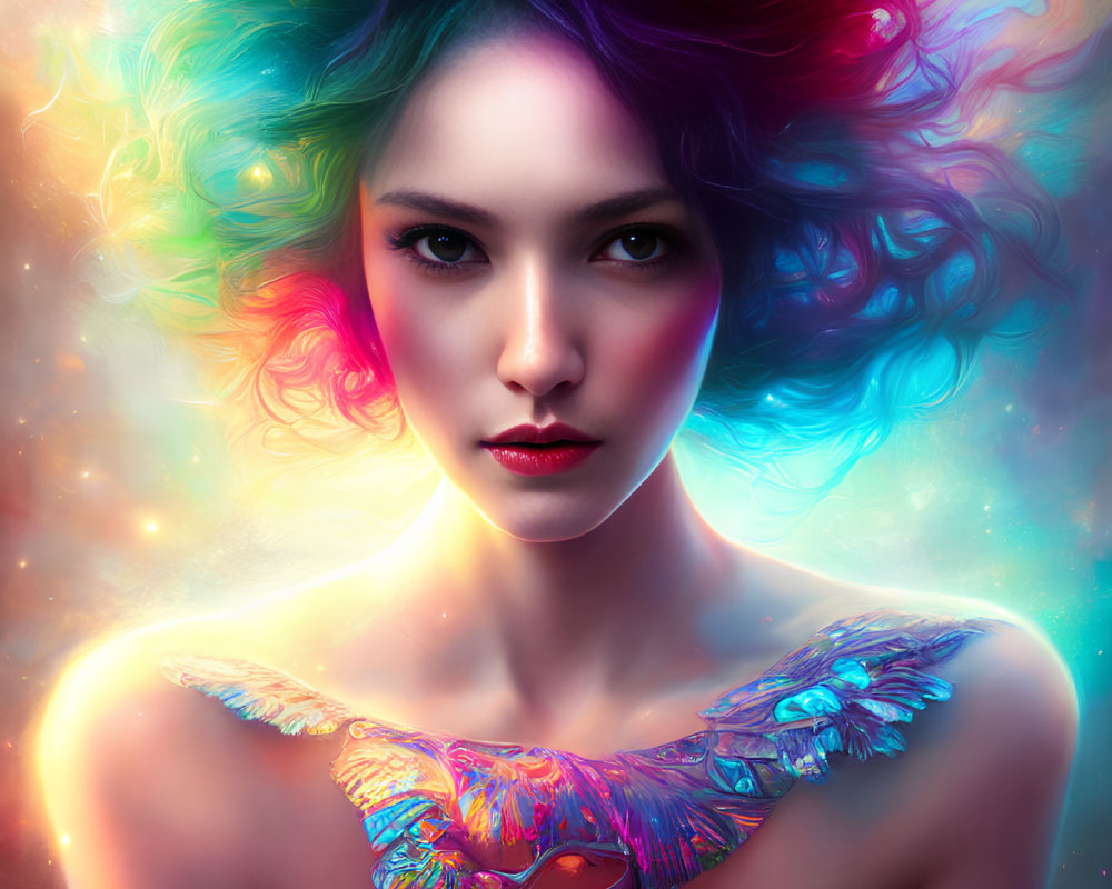 Colorful digital artwork of a woman with multicolored hair and bird tattoo on shoulder