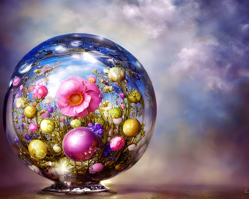 Translucent sphere with vibrant flowers and floating orbs on cloudy backdrop