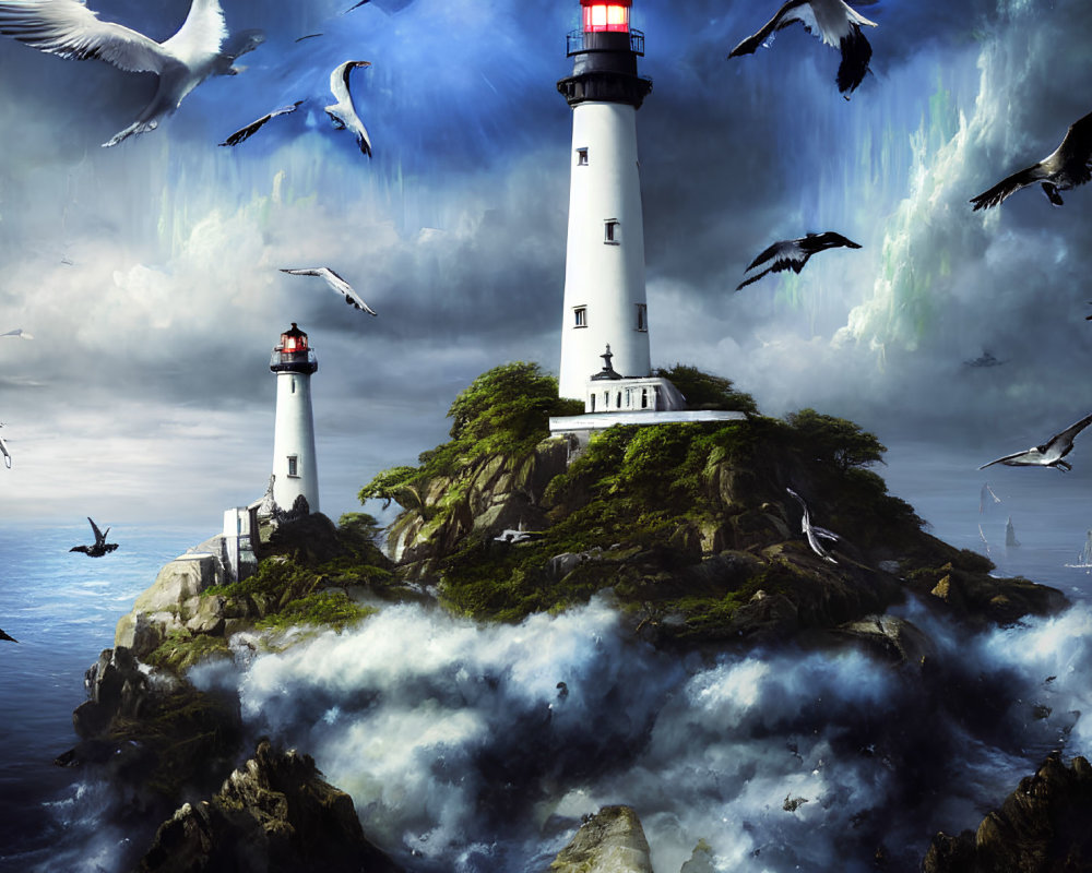 Rugged island with two lighthouses, crashing waves, seagulls, stormy sky