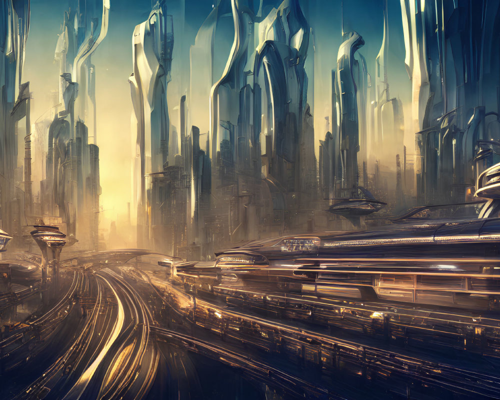 Futuristic cityscape with skyscrapers, flying vehicles, and golden sky