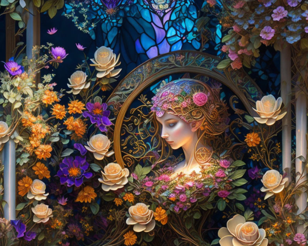 Serene woman with floral crown surrounded by vibrant flowers against stained glass window and nocturnal backdrop