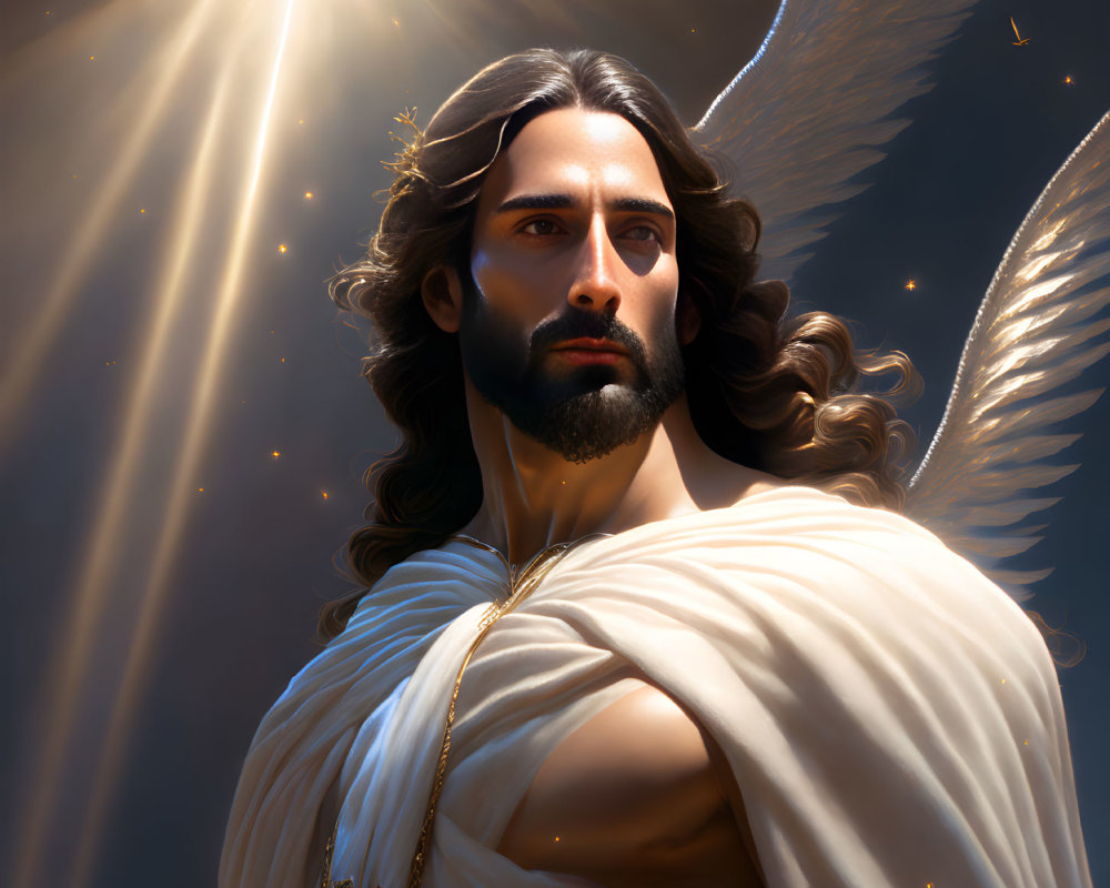 Figure with Angelic Wings Emitting Light and Divine Aura in White and Gold