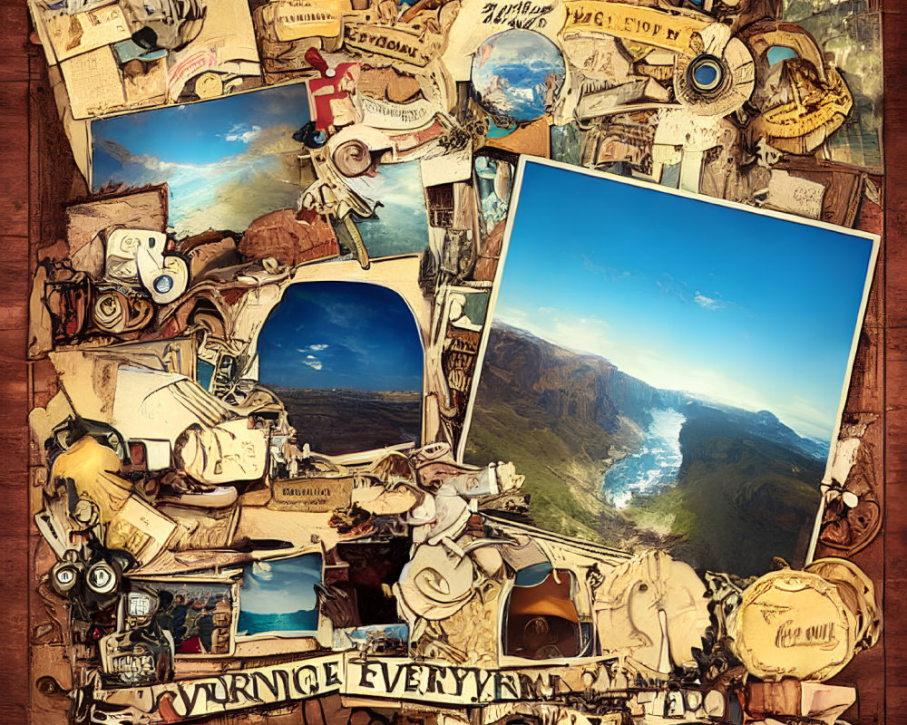 Travel-themed collage on wooden background with landscapes, postcards, and memorabilia