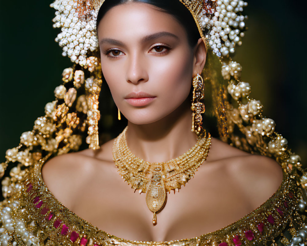 Traditional gold jewelry and pearl headpiece on serene woman