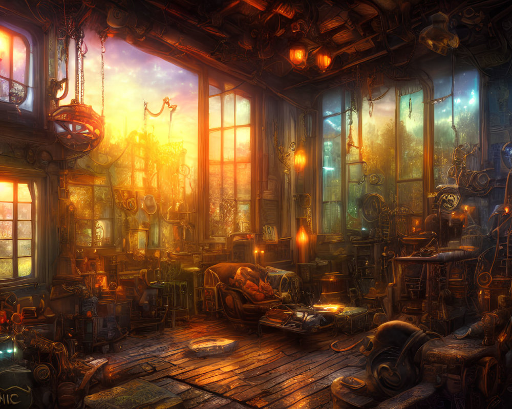Cluttered workshop with glowing lanterns and napping cat