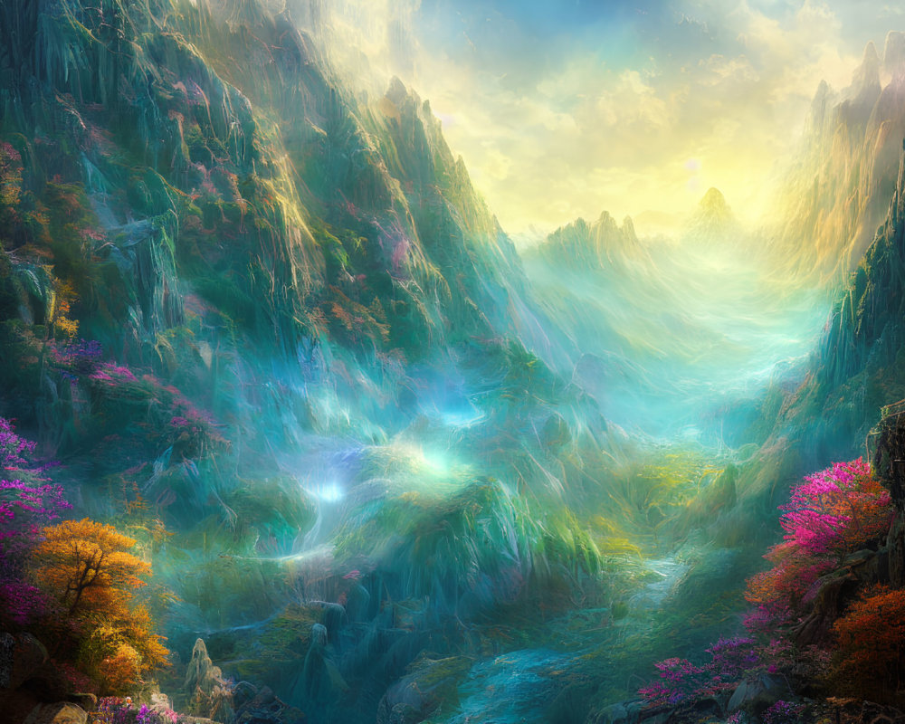 Colorful Fantasy Landscape with River, Foliage, and Cliffs