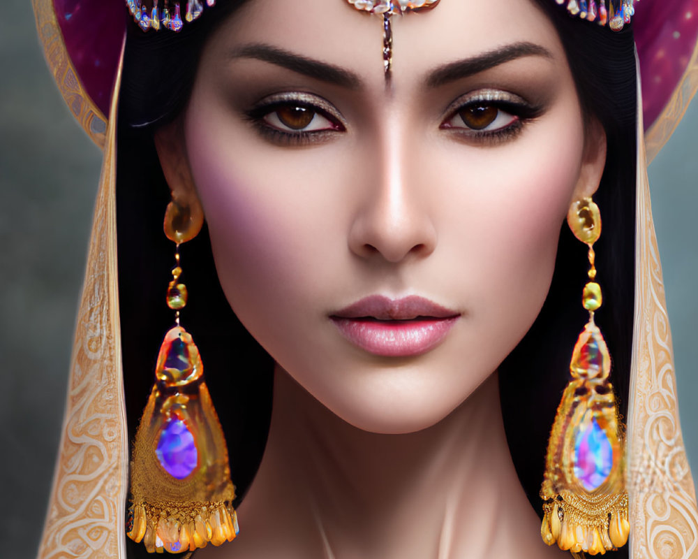 Detailed traditional headwear and jewelry on woman gazing forward