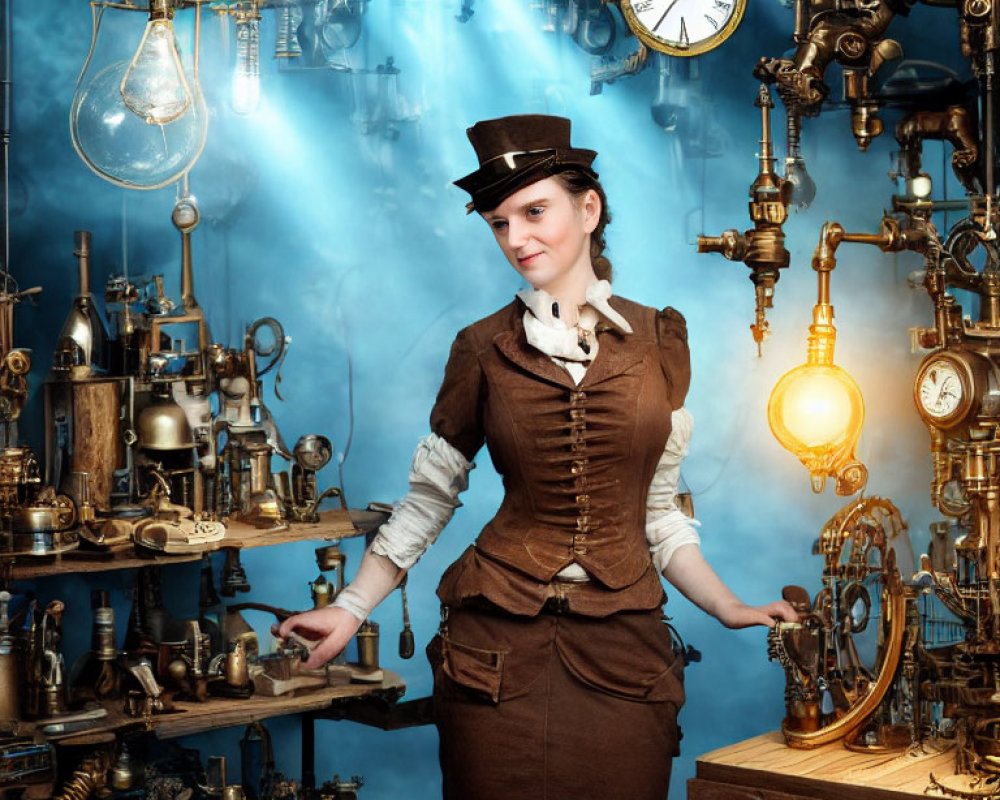 Steampunk-themed woman among Victorian gadgets with glowing tubes.