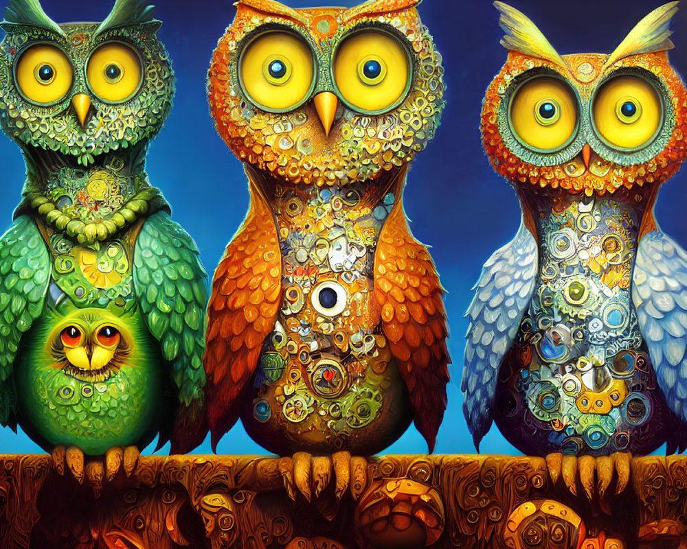 Three colorful stylized owls on branch against blue background