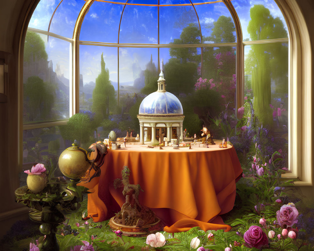 Ornate table setting with globe and roses near arched window overlooking fantasy castle landscape