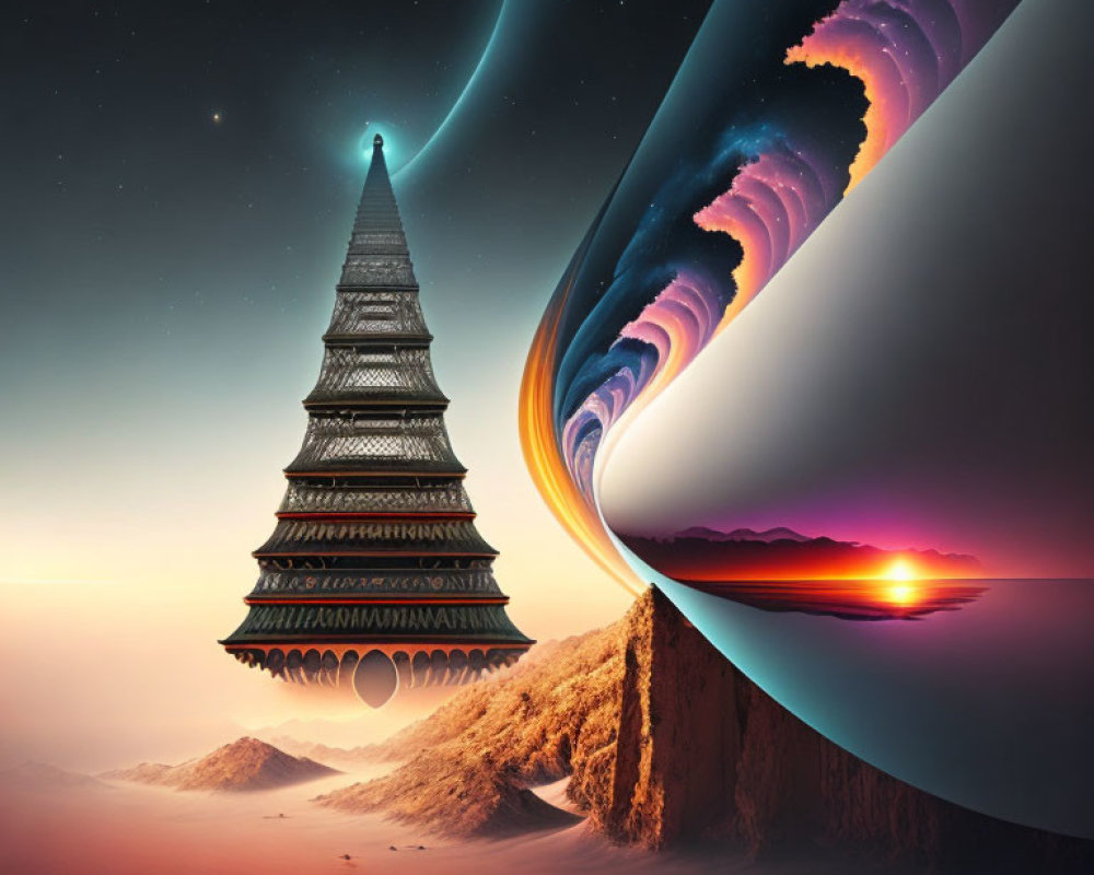 Surreal landscape with twisting pagoda in desert and cosmic scene