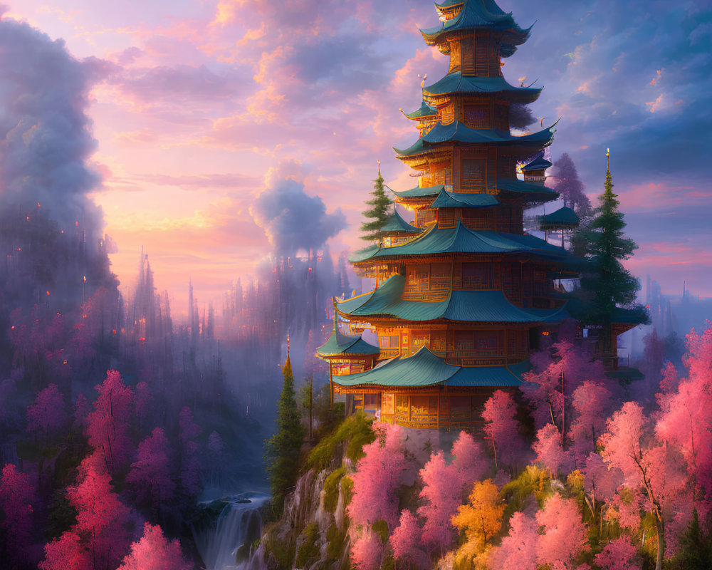 Vibrant Asian Pagoda in Colorful Forest Scene