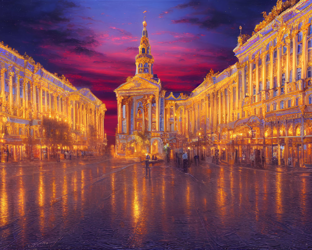 Ornate illuminated street at dusk with glowing buildings under purple and orange sky