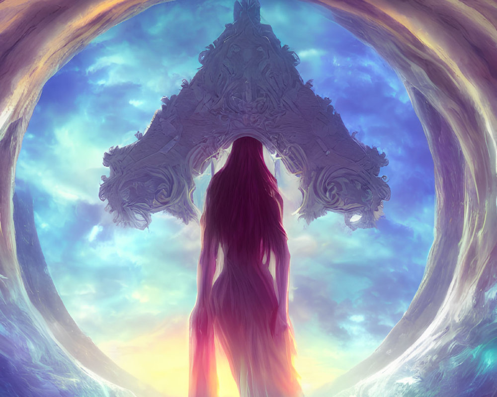 Long-haired individual gazes at mystical archway and vibrant nebula sky.