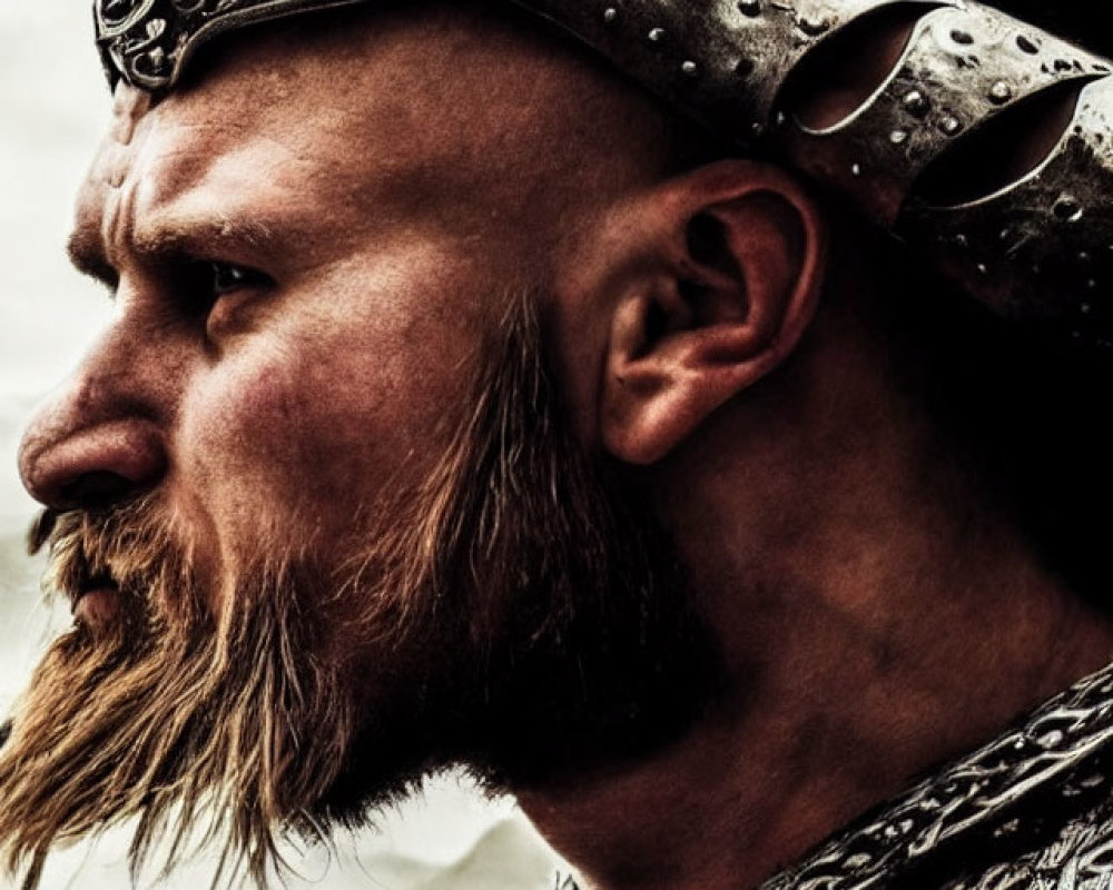 Bearded man in ornate helmet and chainmail as warrior or king