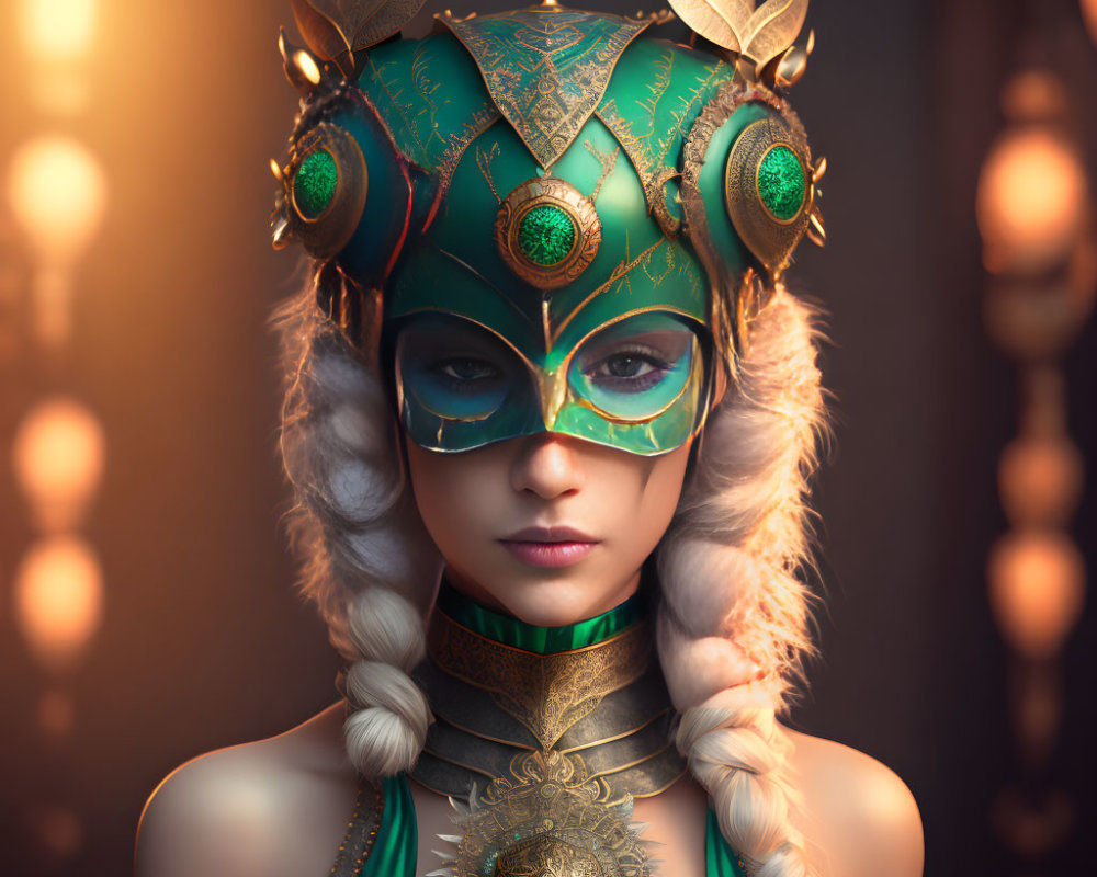 Woman in ornate green and gold mask and headdress with regal collar on bokeh light background