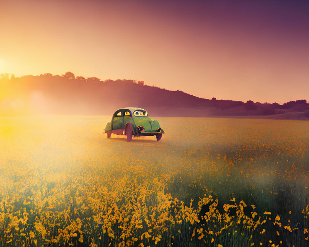 Vintage Car in Field of Yellow Flowers at Sunset