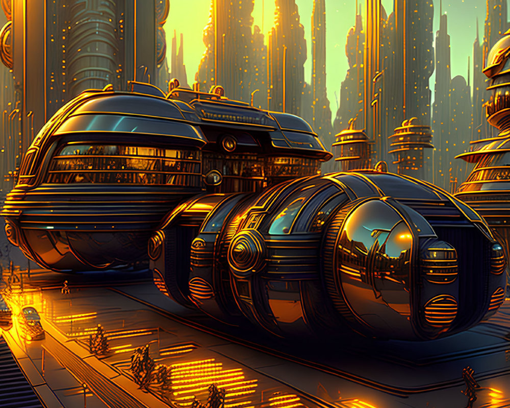 Futuristic cityscape with towering skyscrapers and advanced transportation pods.