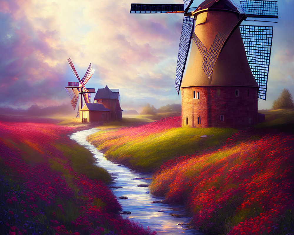 Rustic windmills near stream in red flower field at sunrise