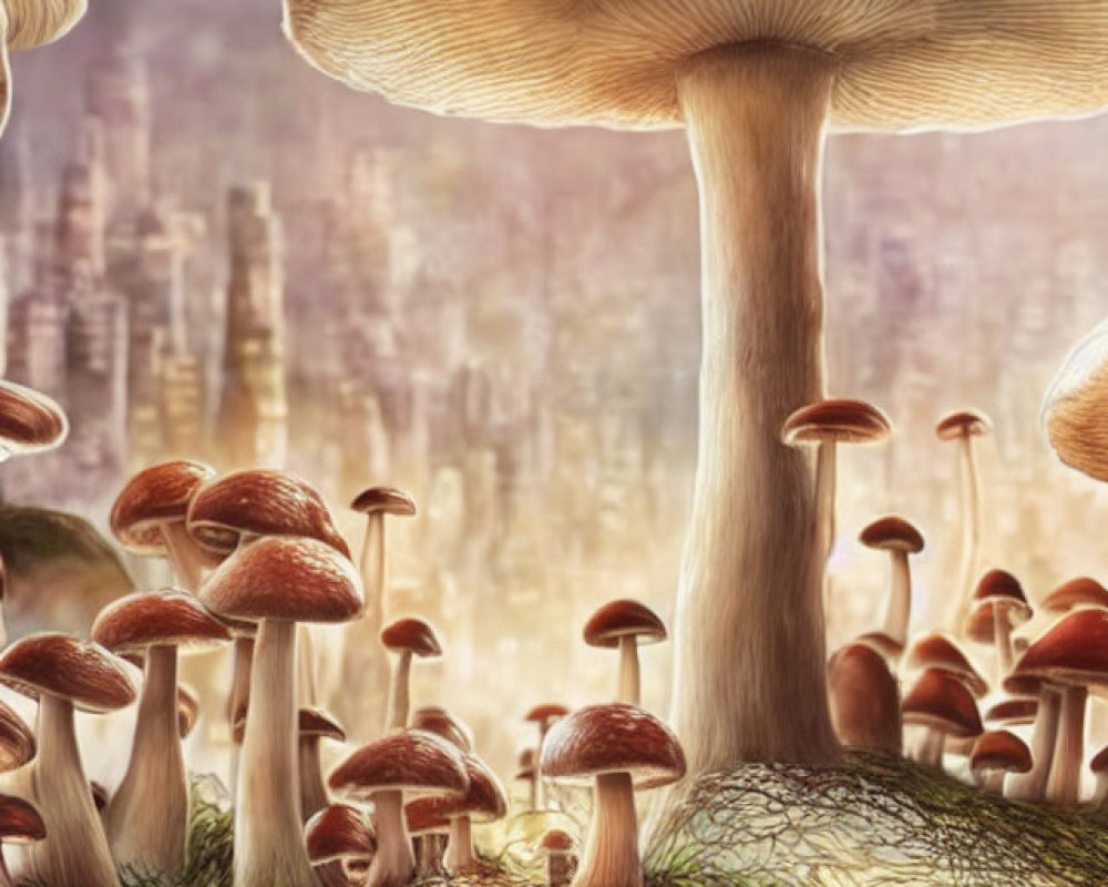 Fantasy landscape with oversized mushrooms and blurred cityscape