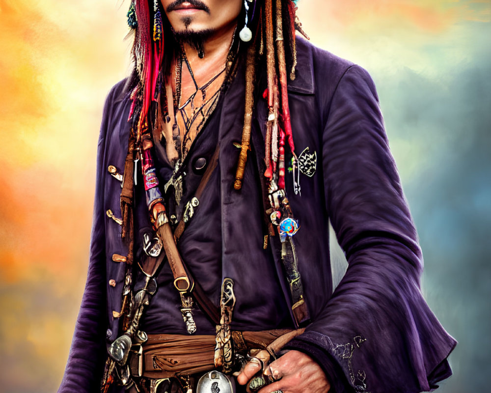 Pirate costume with hat, beads, trinkets on colorful cloudy backdrop