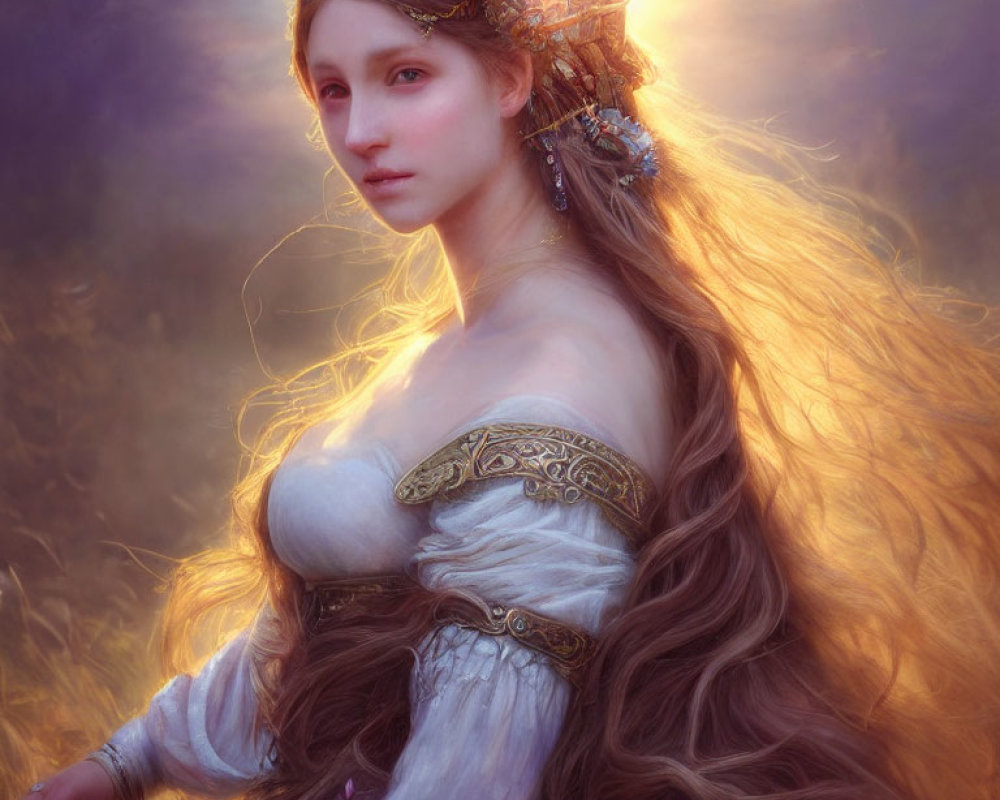 Portrait of woman with flowing hair in embroidered dress against sunset backdrop