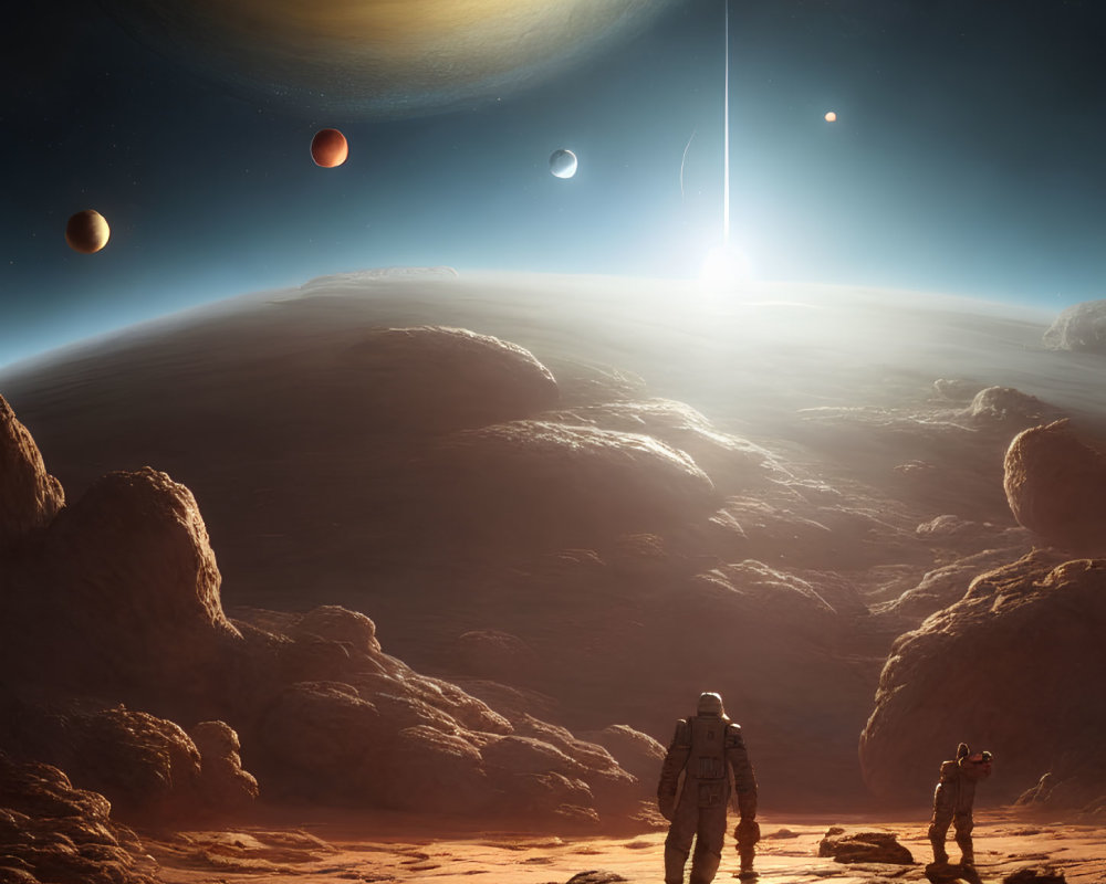 Astronauts on rocky alien planet admire vast space vista