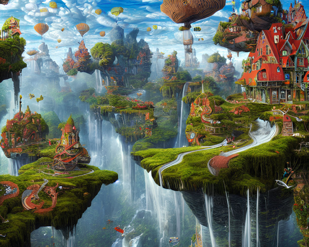 Fantasy landscape with floating islands and waterfalls