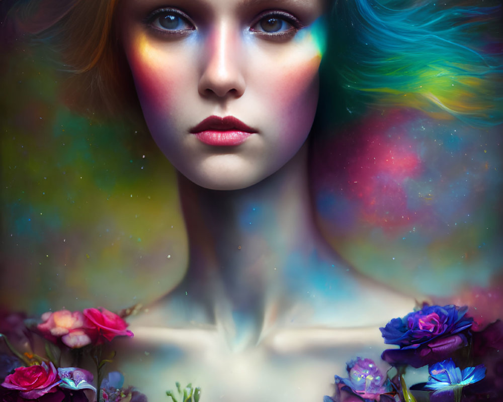 Colorful portrait of woman with cosmic makeup and multicolored hair among vibrant flowers and galaxy background