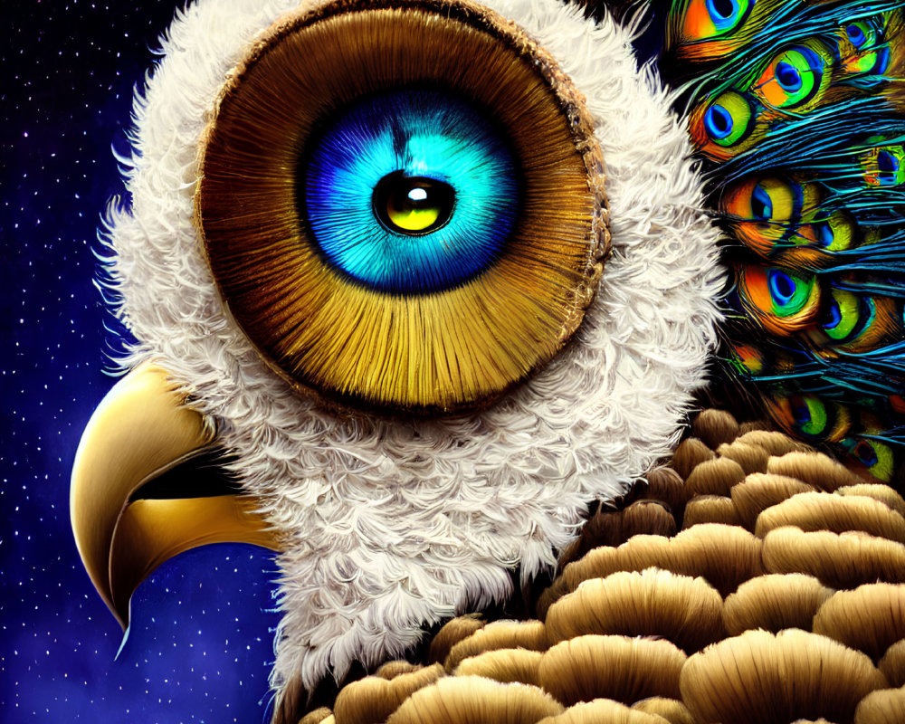 Surreal artwork featuring creature with eagle's beak and intricate eye