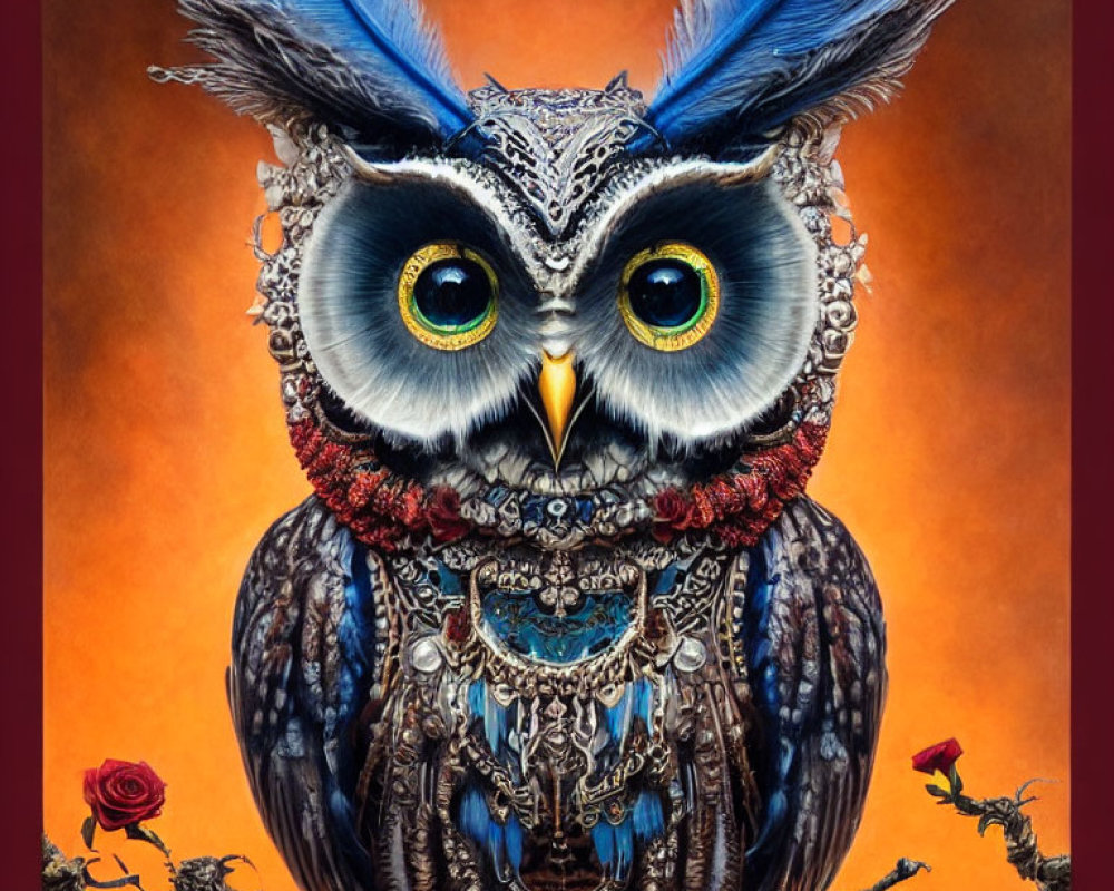 Colorful Owl Illustration with Intricate Patterns and Jewelry