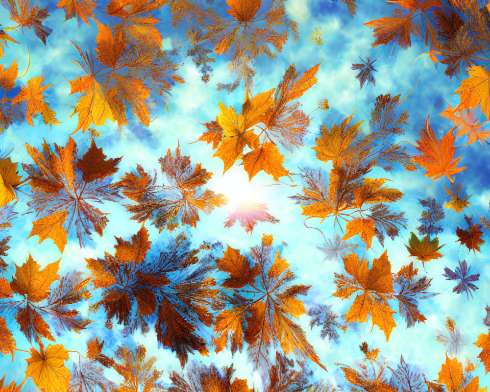 Colorful autumn leaves falling under bright blue sky with fluffy clouds