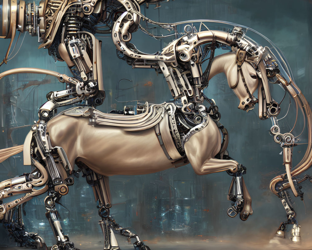 Detailed Image of Mechanical Horse with Futuristic Design in Industrial Setting