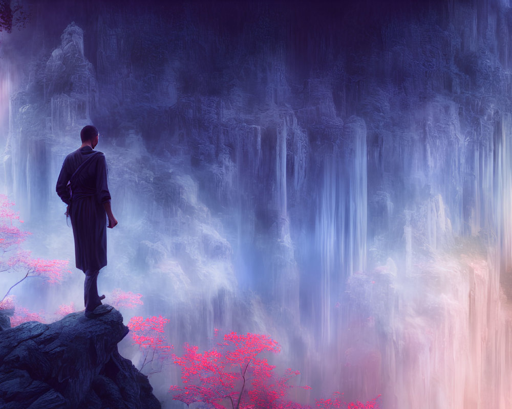 Person standing on cliff overlooking vast waterfall with pink trees under purple sky