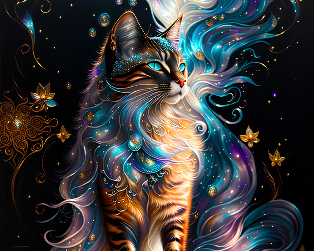 Colorful Swirling Patterned Cat with Jewels on Dark Background